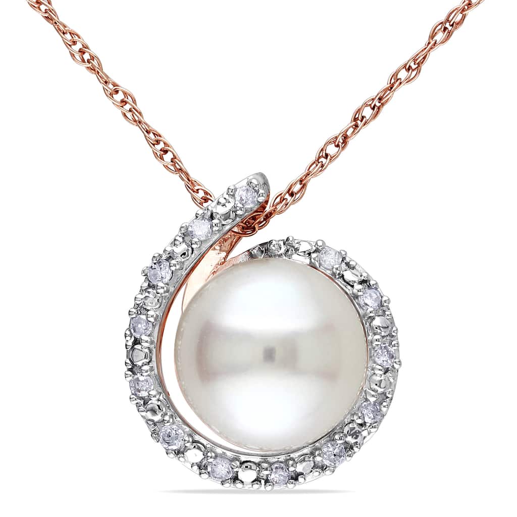 Miadora 10k Rose Gold White Cultured Freshwater Pearl and Diamond Accent Halo Necklace (8-8.5 mm)