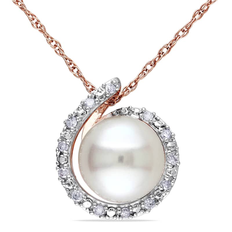 Miadora 10k Rose Gold White Cultured Freshwater Pearl and Diamond Accent Halo Necklace (8-8.5 mm)