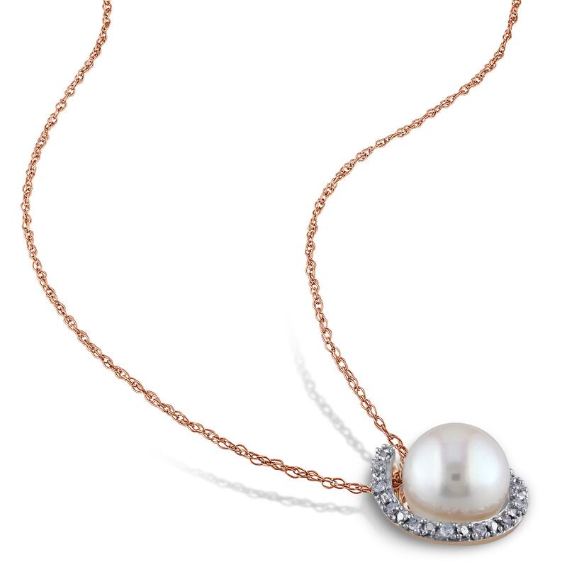 Miadora 10k Rose Gold White Cultured Freshwater Pearl and Diamond Accent Halo Necklace (8-8.5 mm)