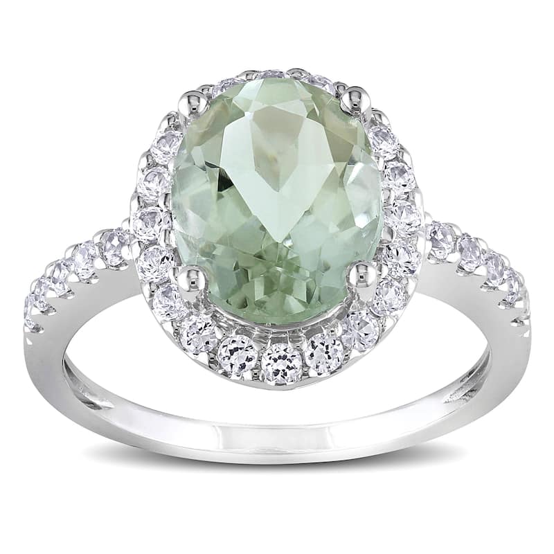 Miadora 10k White Gold Green Amethyst and Created White Sapphire Halo Ring