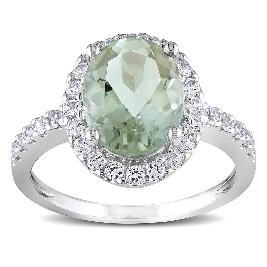Miadora 10k White Gold Green Amethyst and Created White Sapphire Halo Ring