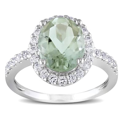 Miadora 10k White Gold Green Amethyst and Created White Sapphire Halo Ring