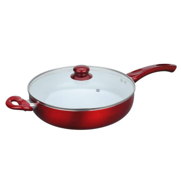 Better Chef 10 inch Red Aluminum Deep Frying Pan with Glass Lid