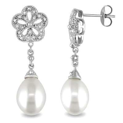 Miadora Sterling Silver Freshwater White Pearl and Diamond Accent Earrings (9.5-10 mm)