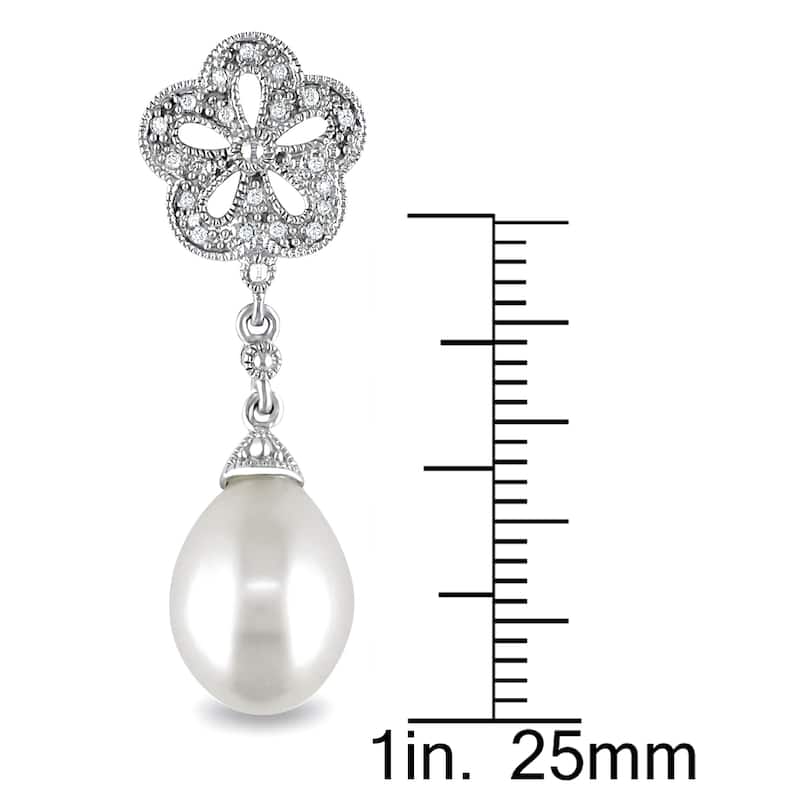 Miadora Sterling Silver Freshwater White Pearl and Diamond Accent Earrings (9.5-10 mm)