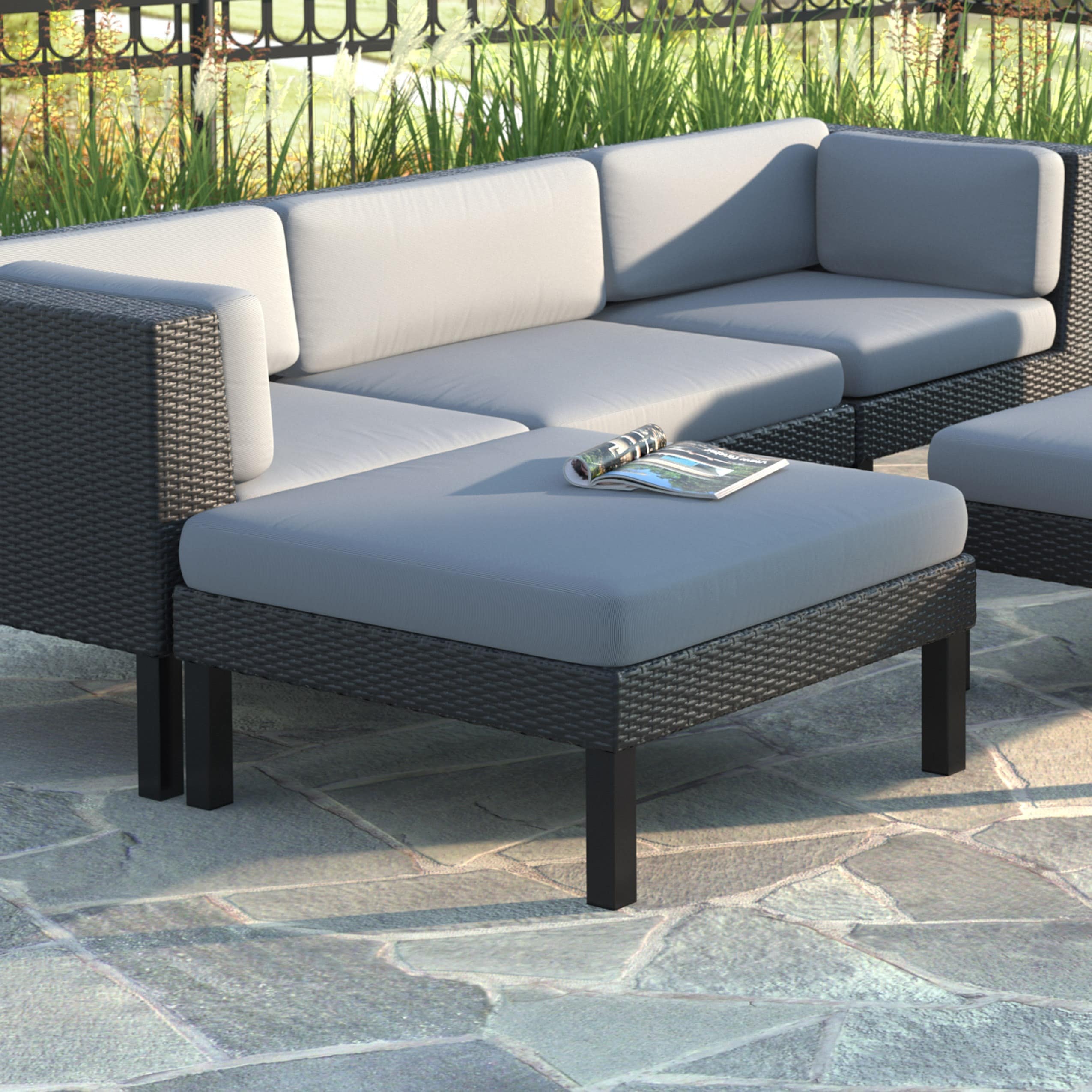 Corliving Oakland Patio Ottoman In Textured Black Weave