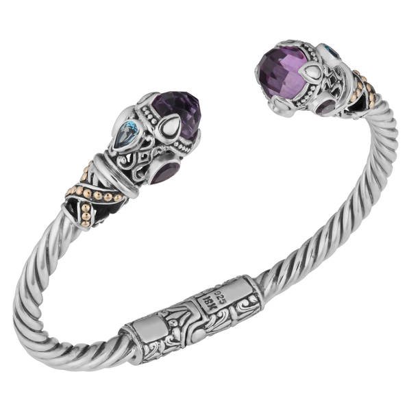 Handmade 18k Yellow Gold and Sterling Silver Amethyst Multi-gemstone Cawi Cuff Bracelet (Indonesia)