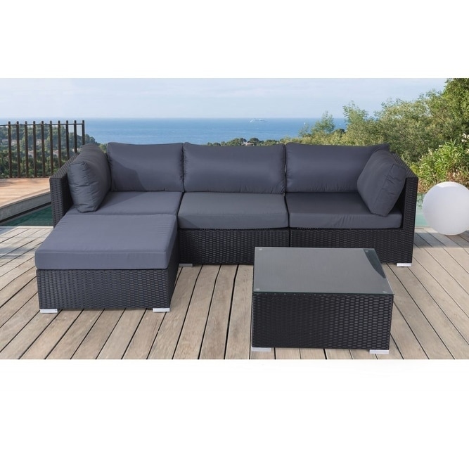 Beliani Sano Outdoor Lounge Black Wicker Sectional Set Black Size 5 Piece Sets