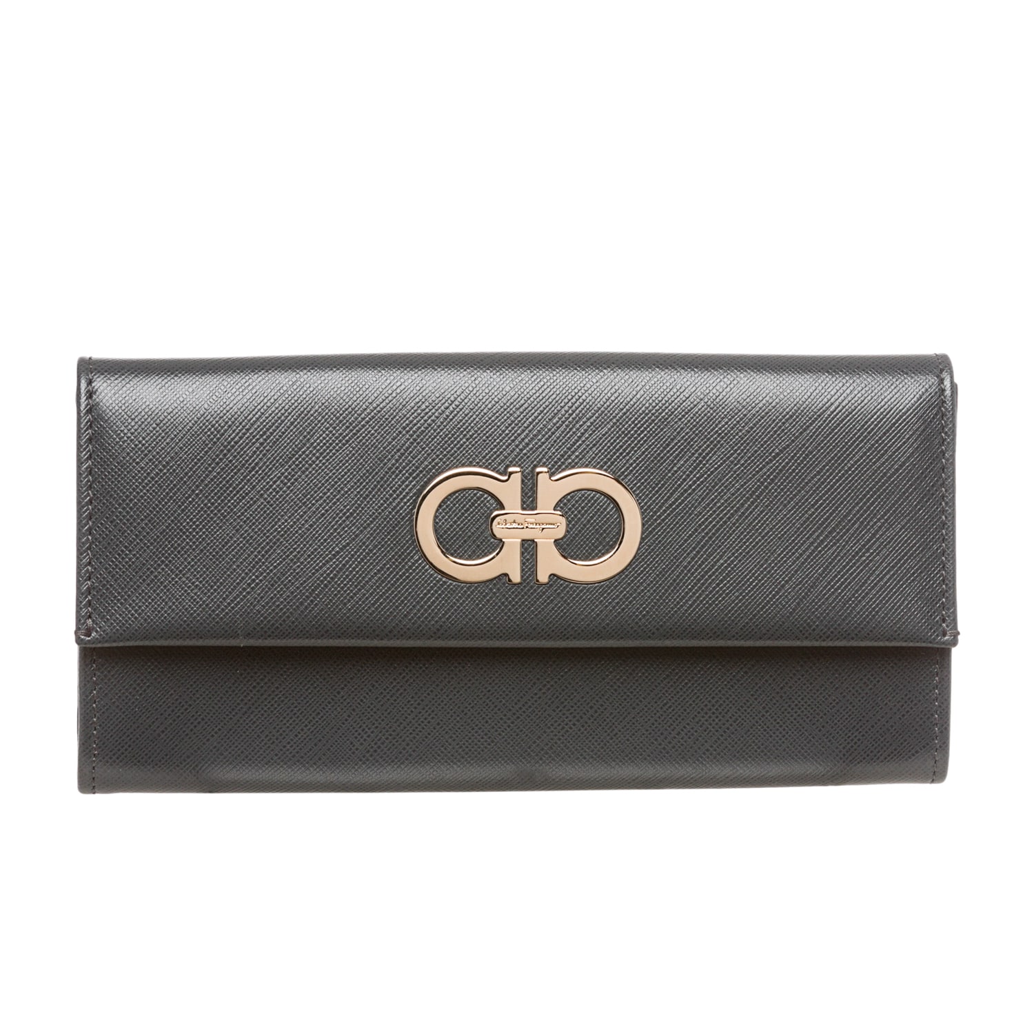 Salvatore Ferragamo Gancio Black Saffiano Flap Wallet