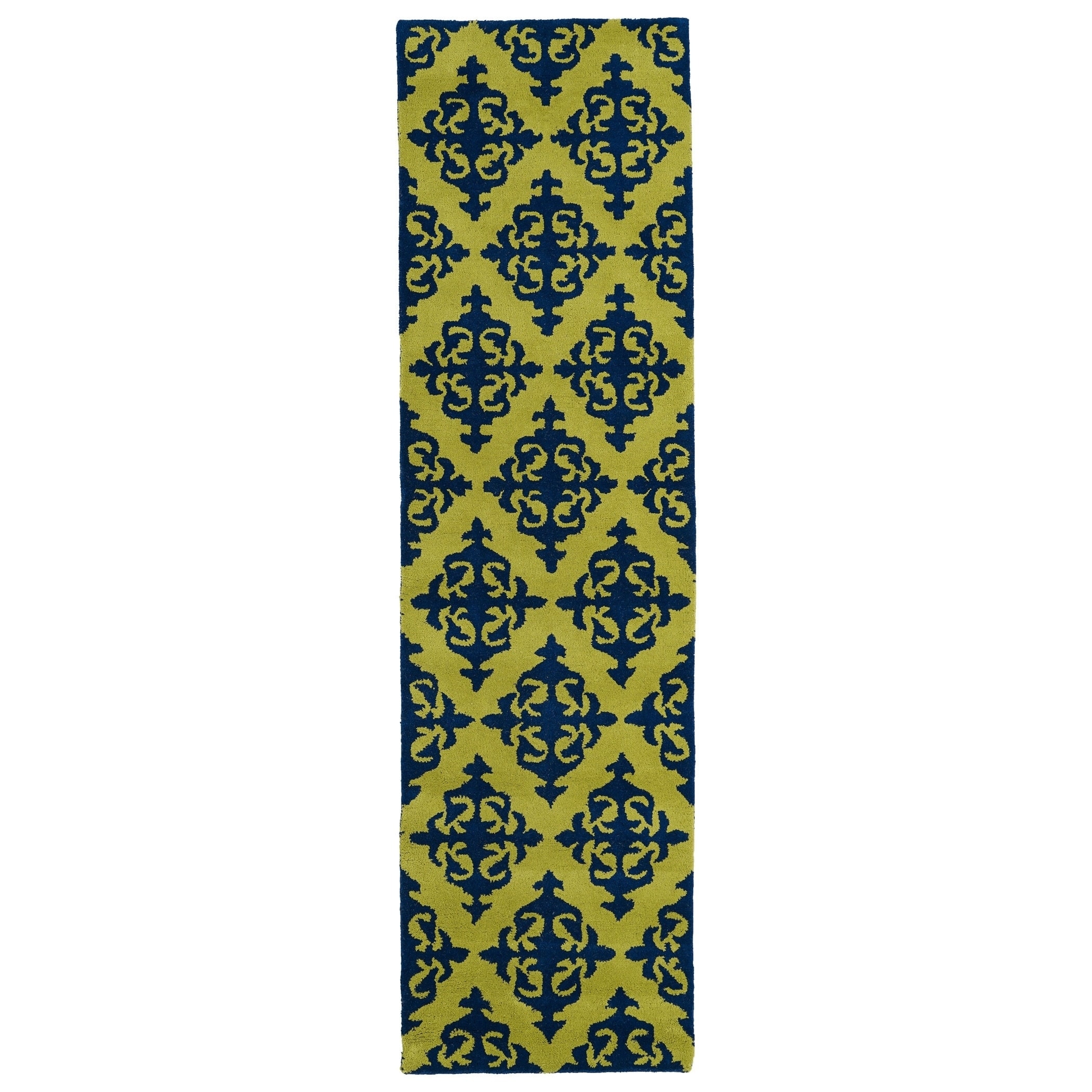 Runway Navy/ Gold Damask Hand tufted Wool Rug (23 X 8)