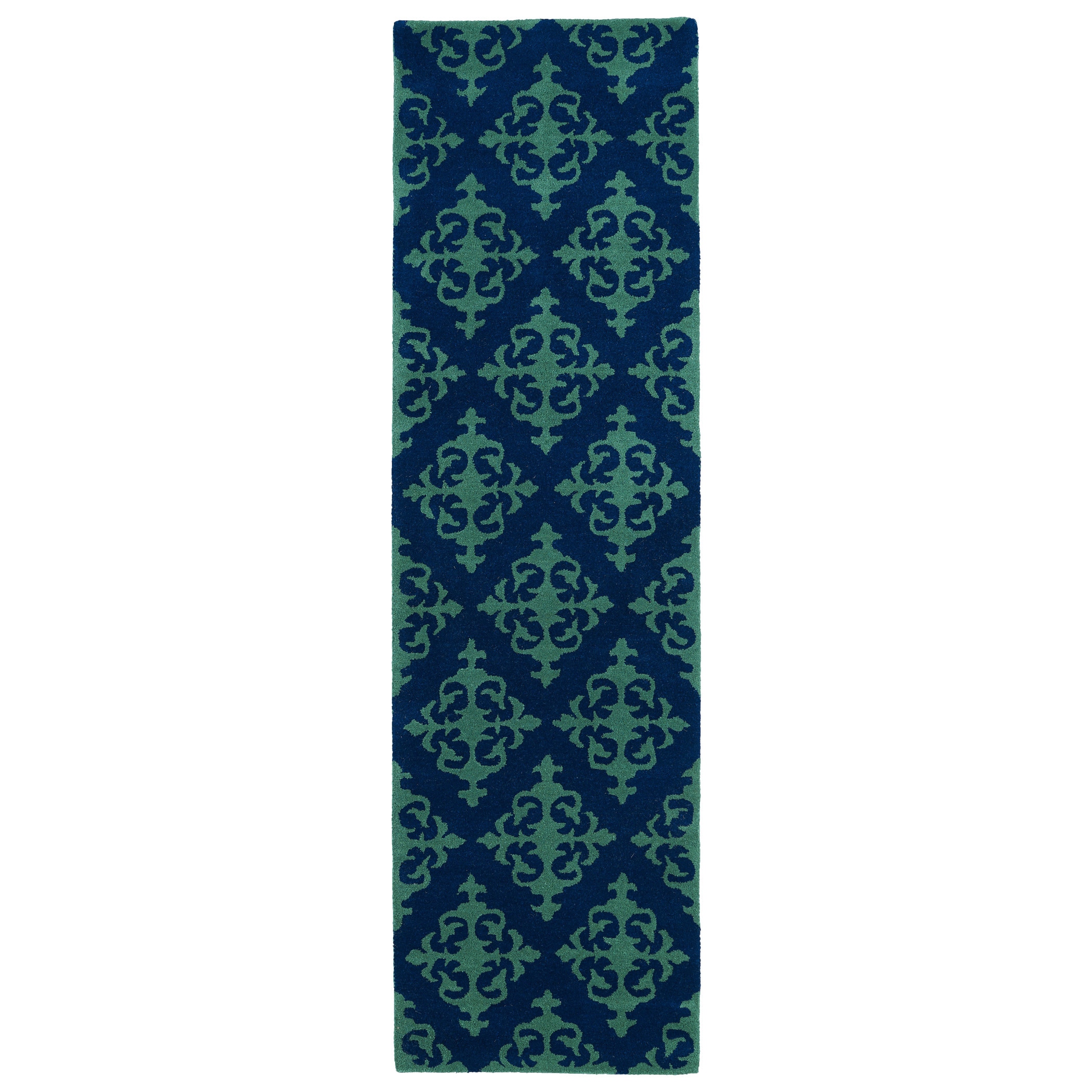 Runway Navy/ Emerald Damask Hand tufted Wool Rug (23 X 8)