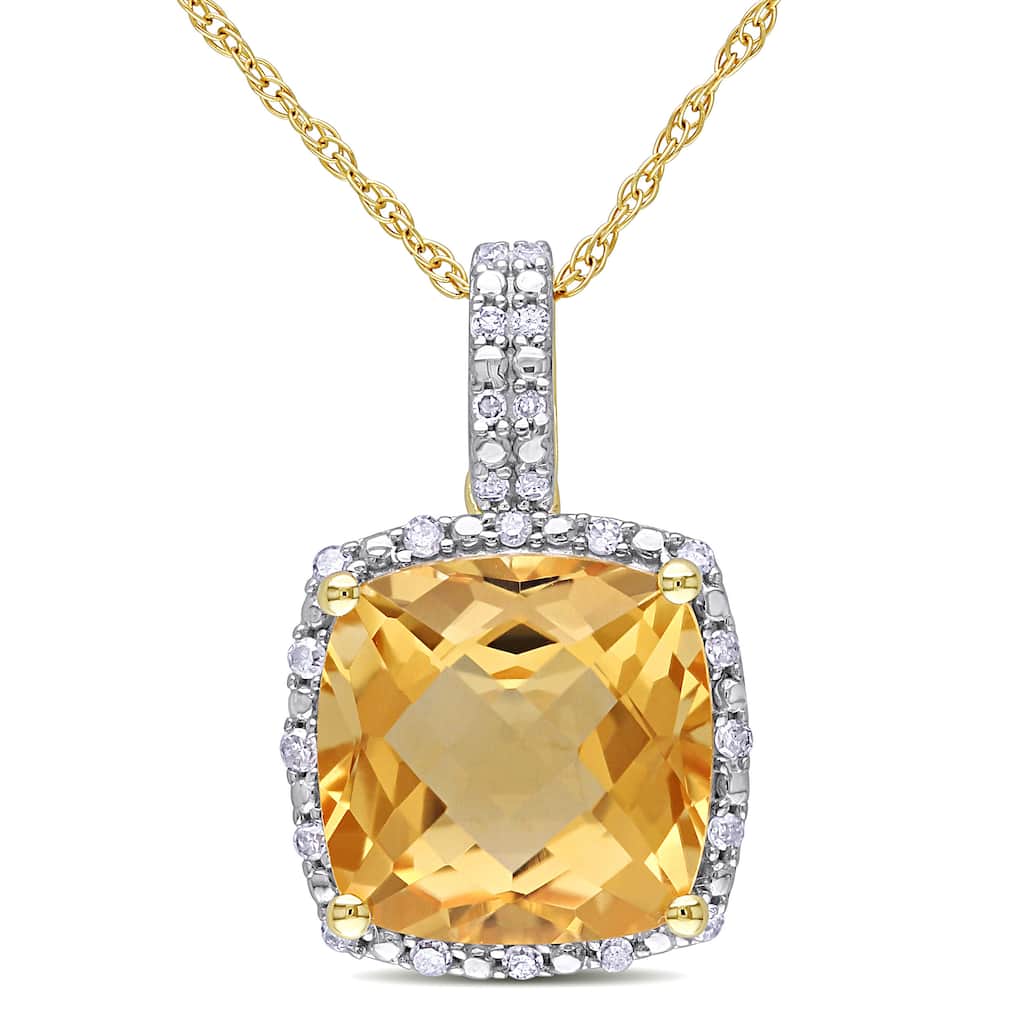 Miadora 10k Yellow Gold Cushion-cut Citrine and 1/10ct TDW Diamond Halo Drop Necklace (G-H, I2-I3)