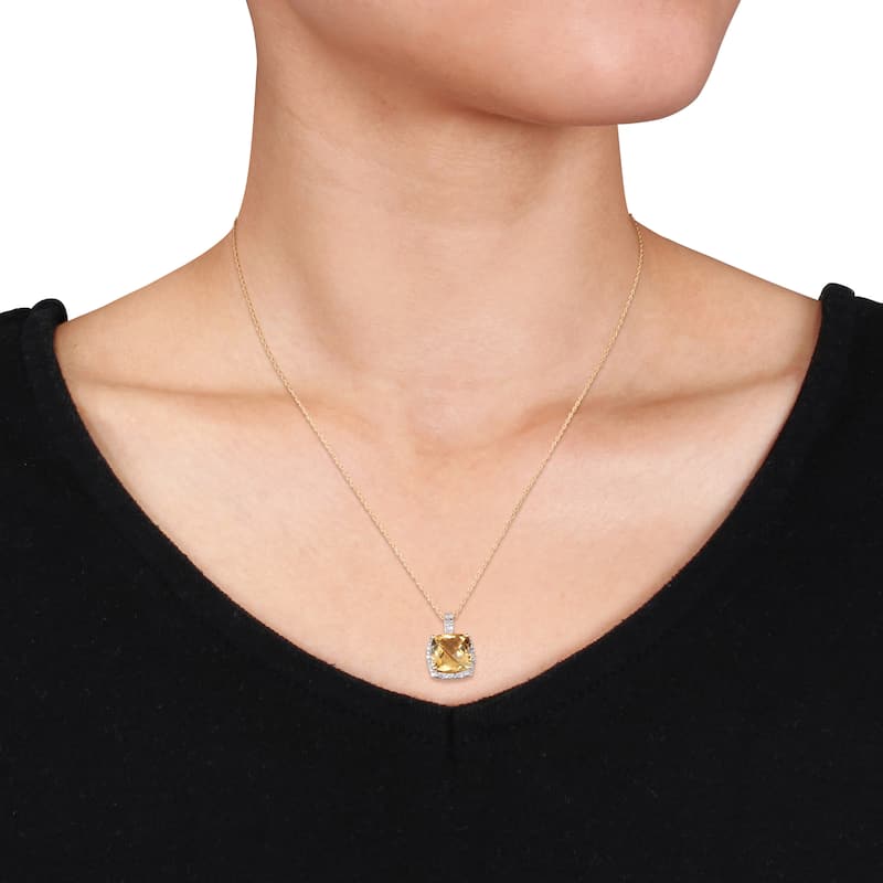 Miadora 10k Yellow Gold Cushion-cut Citrine and 1/10ct TDW Diamond Halo Drop Necklace (G-H, I2-I3)