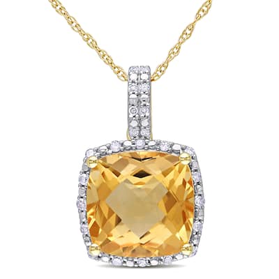 Miadora 10k Yellow Gold Cushion-cut Citrine and 1/10ct TDW Diamond Halo Drop Necklace (G-H, I2-I3)