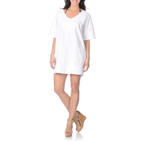 La Cera Women's White Embroidered Cover-up