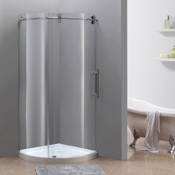 Aston Orbitus 36-in x 36-in Completely Frameless Round Shower Enclosure in Chrome, Right Opening w. Base