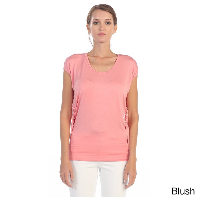 365 Apparel Hadari Scoop Neck Dolman Top With Fringe Sides Pink Size S (4  6)