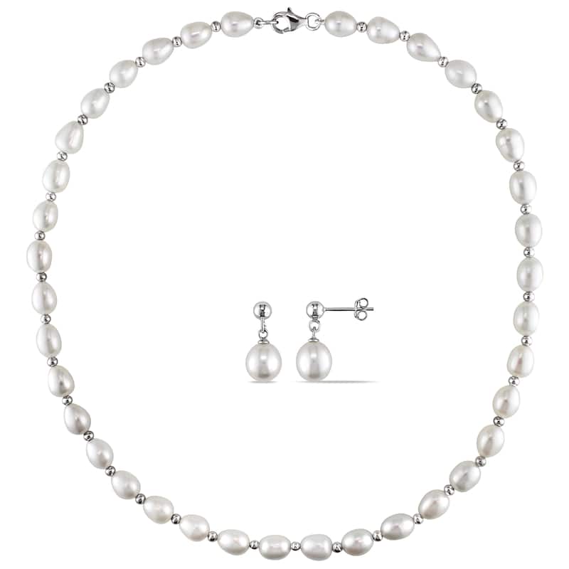 Miadora Sterling Silver 2-pc Set of Freshwater Pearl Necklace and Earrings (8-8.5 mm) - 18"L
