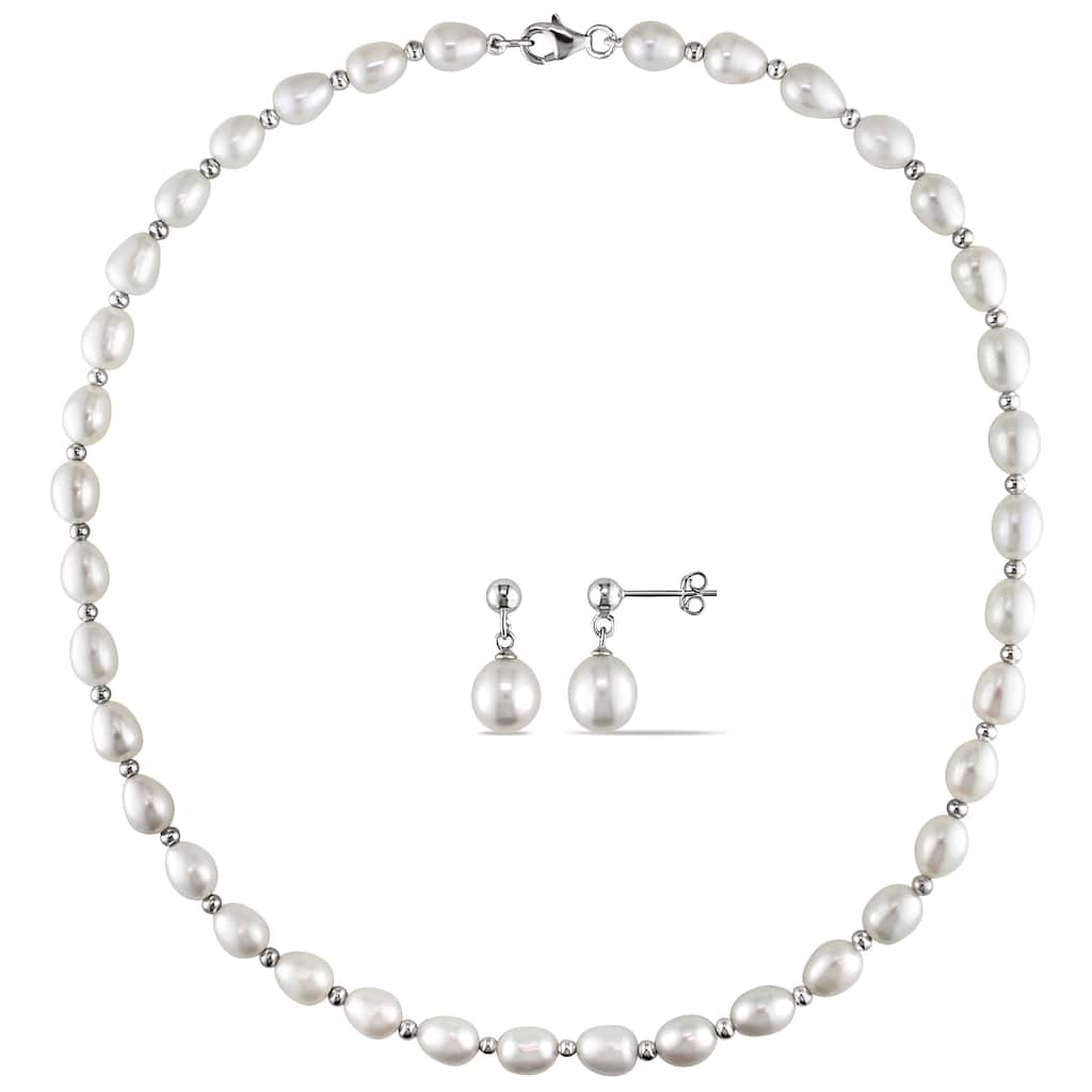 Miadora Sterling Silver 2-pc Set of Freshwater Pearl Necklace and Earrings (8-8.5 mm) - 18"L