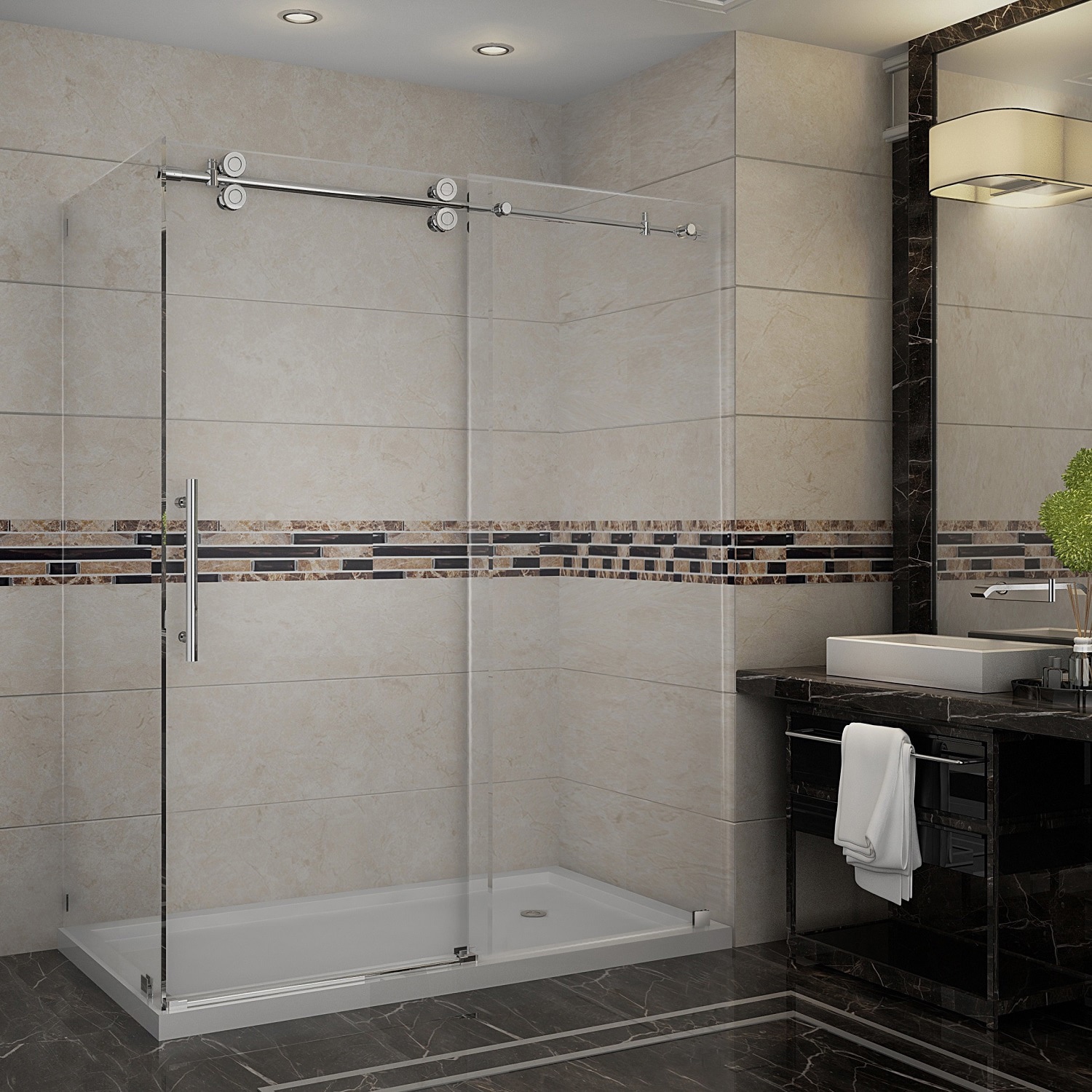 Aston 60 Frameless Chrome Sliding Shower Enclosure With Right Base