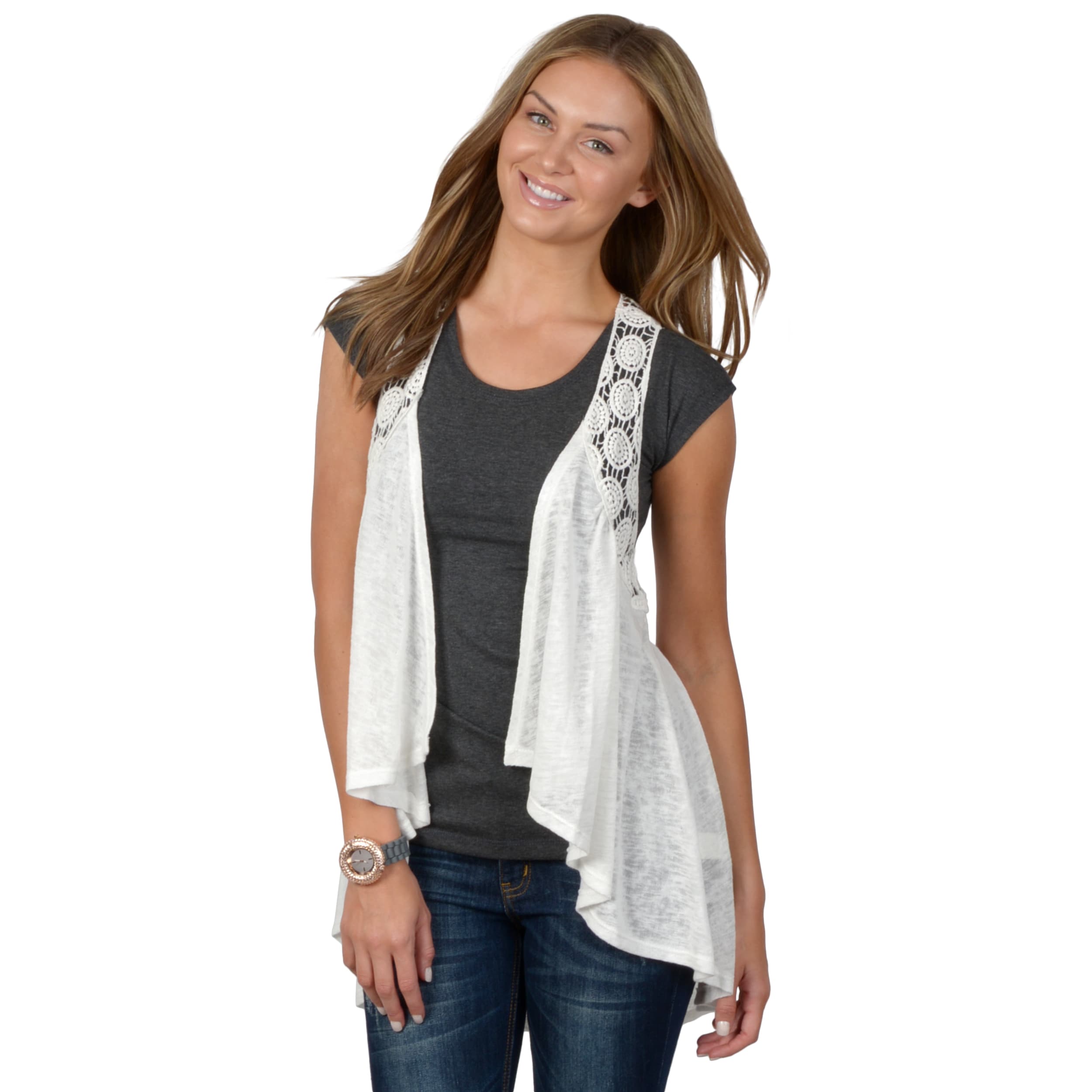 Journee Collection Womens Crochet Detail Open Front Vest