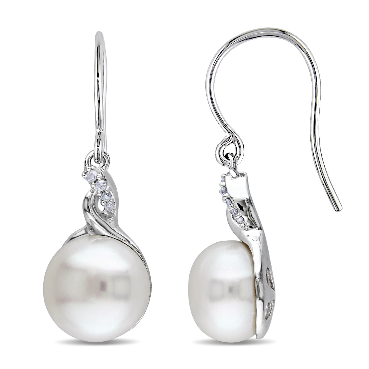 Miadora Sterling Silver White Pearl and Diamond Accent Earrings (10.5-11 mm)