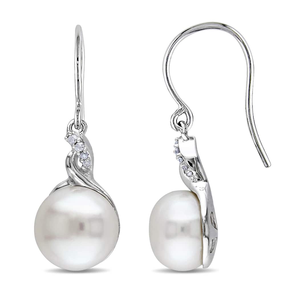 Miadora Sterling Silver White Pearl and Diamond Accent Earrings (10.5-11 mm)