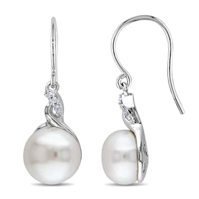 Miadora Sterling Silver White Pearl and Diamond Accent Earrings (10.5-11 mm)