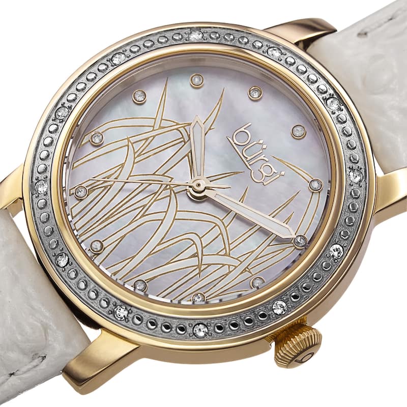 Burgi Women's Quartz Diamond Leather Gold-Tone Strap Watch