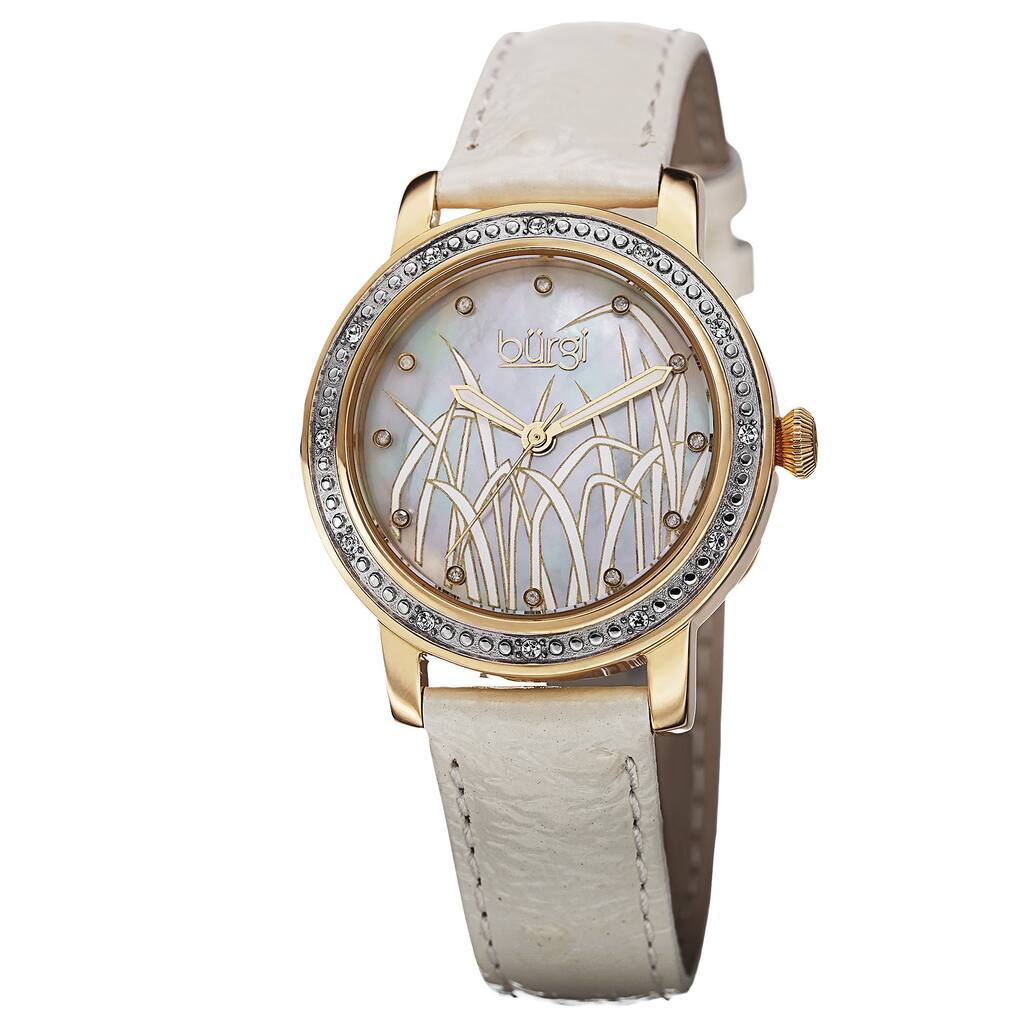 Burgi Women's Quartz Diamond Leather Gold-Tone Strap Watch