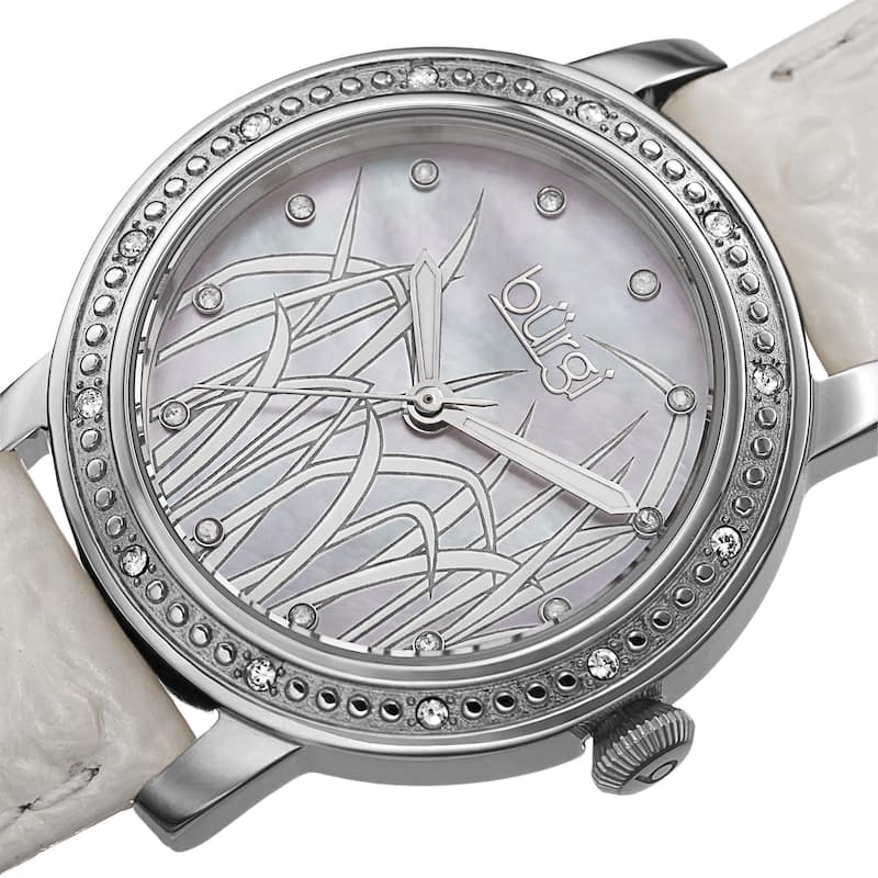 Burgi Women's Quartz Diamond Leather Silver-Tone Strap Watch