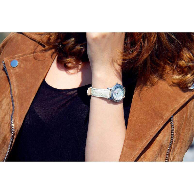 Burgi Women's Quartz Diamond Leather Silver-Tone Strap Watch