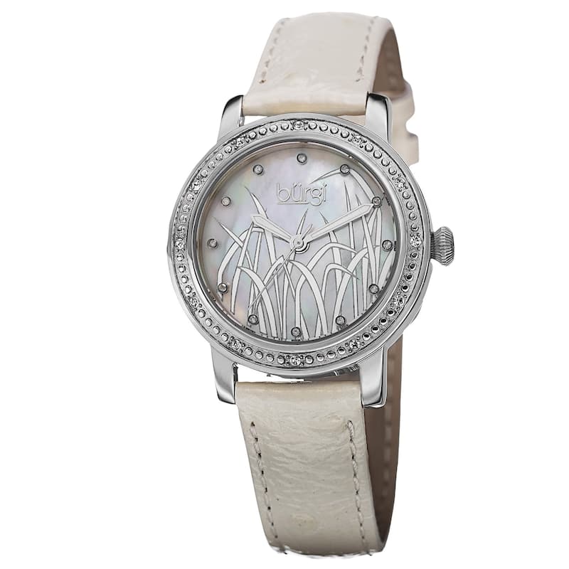 Burgi Women's Quartz Diamond Leather Silver-Tone Strap Watch