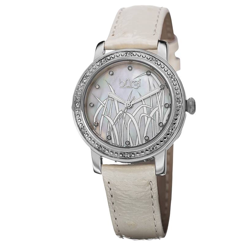 Burgi Women's Quartz Diamond Leather Silver-Tone Strap Watch