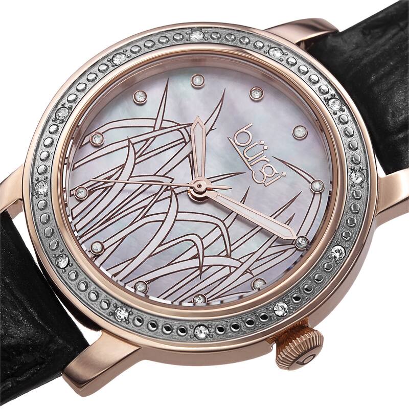 Burgi Women's Quartz Diamond Leather Rose-Tone Strap Watch