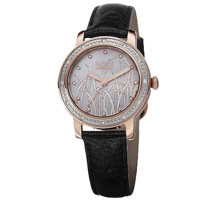 Burgi Women's Quartz Diamond Leather Rose-Tone Strap Watch