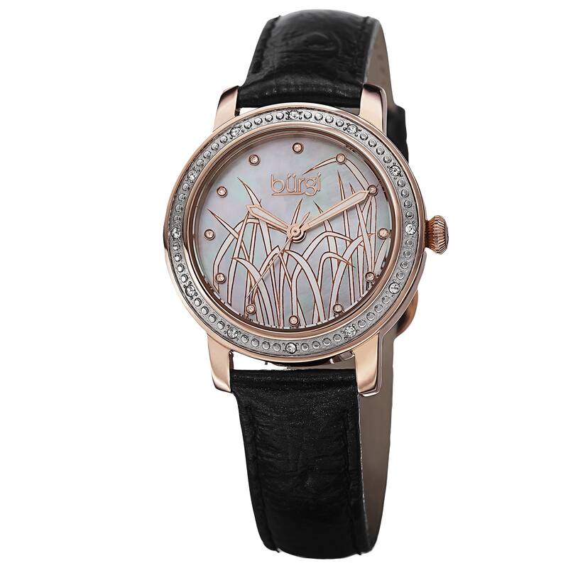 Burgi Women's Quartz Diamond Leather Rose-Tone Strap Watch