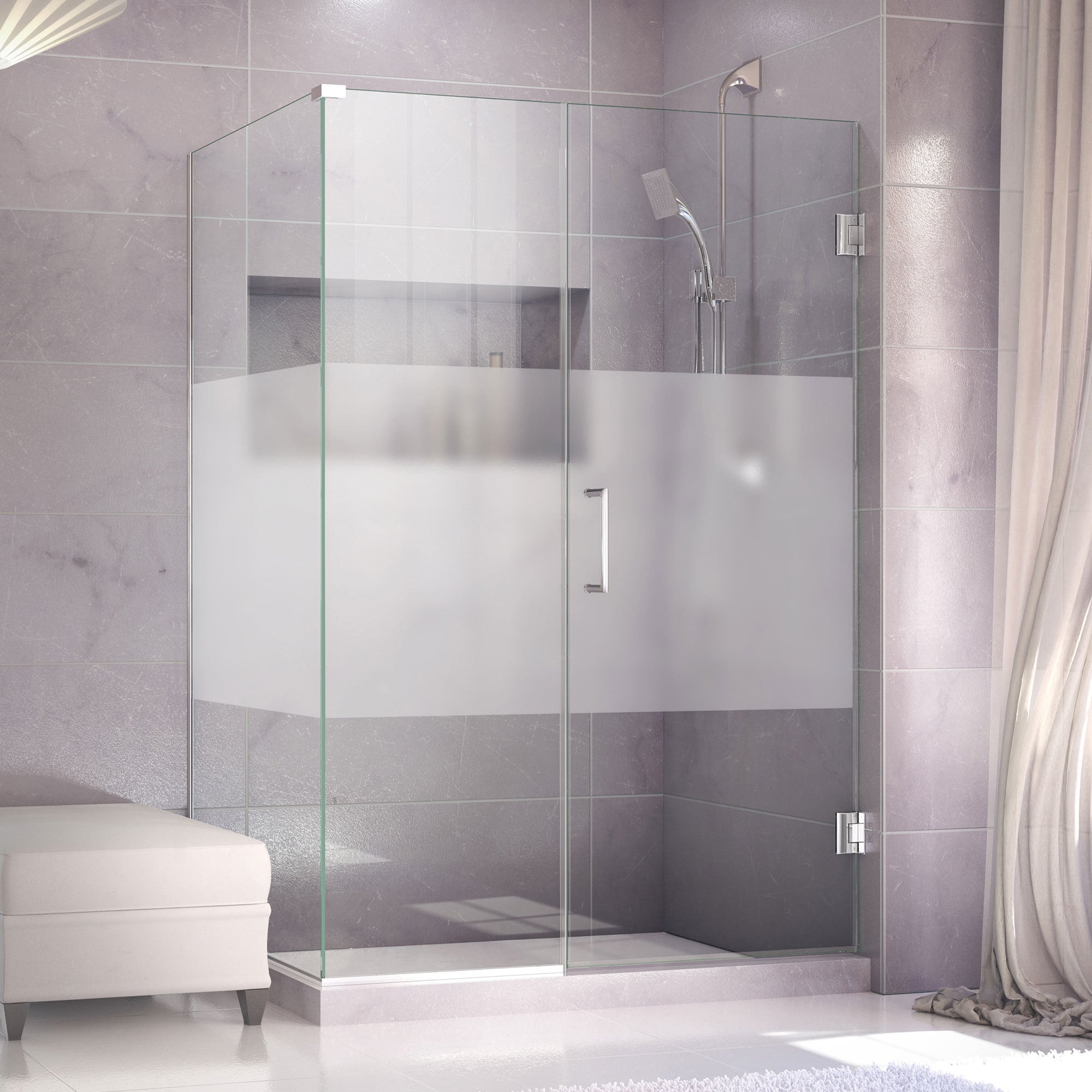 Dreamline Unidoor Plus 30.375   34.375 In. D X 56.5 In. W Frameless Hinged Shower Enclosure, Half Frosted Glass