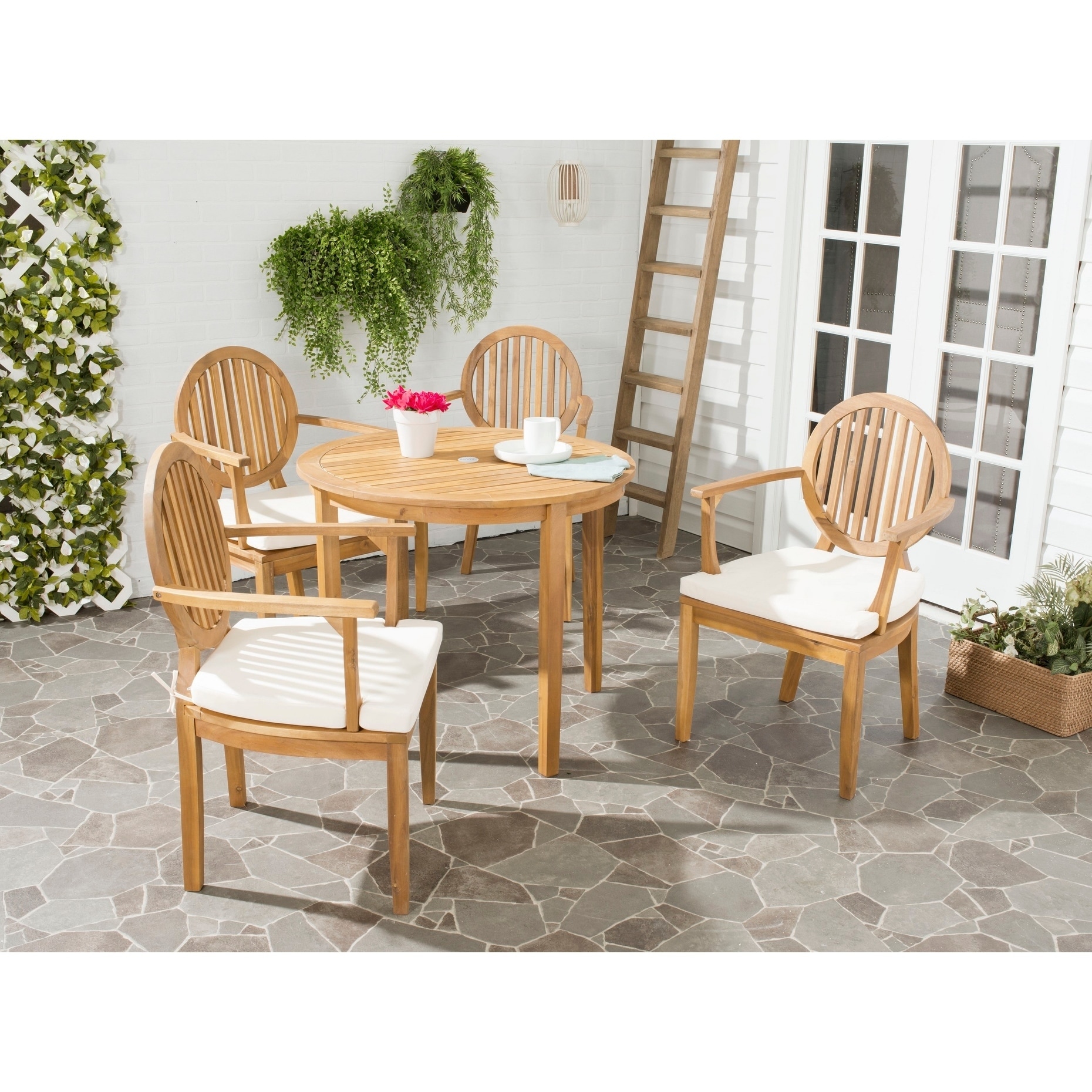 Safavieh Outdoor Living Chino Brown Acacia Wood 5 piece Beige Cushion Dining Set