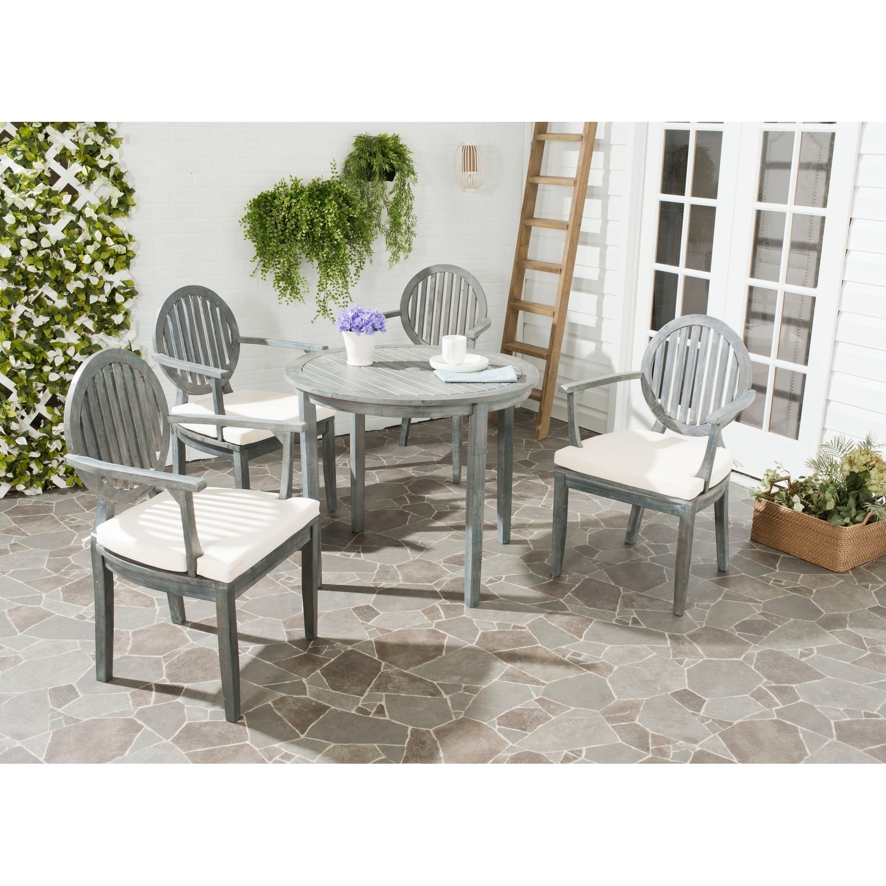 Safavieh Outdoor Living Chino Ash Grey Acacia Wood 5 piece Beige Cushion Dining Set