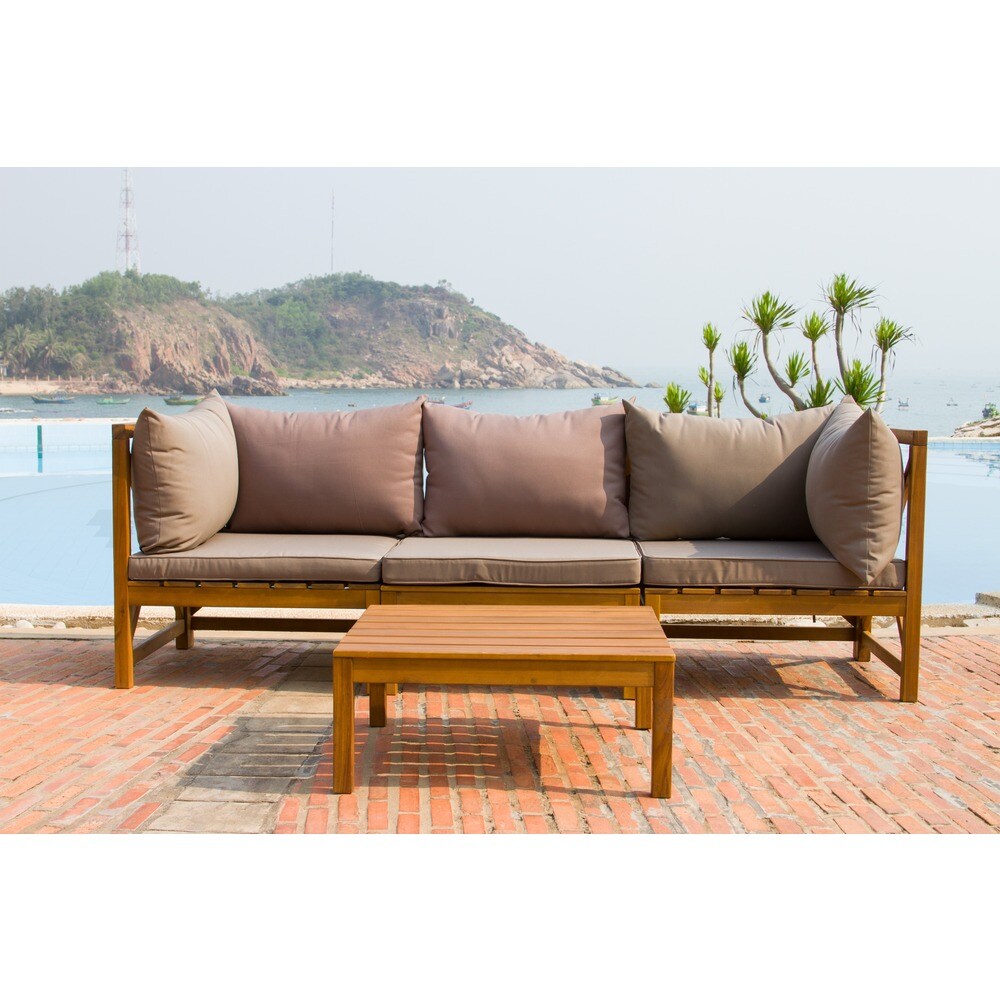 Safavieh Outdoor Living Lynwood Brown Acacia Wood 4 Piece Taupe Cushion Sectional Set