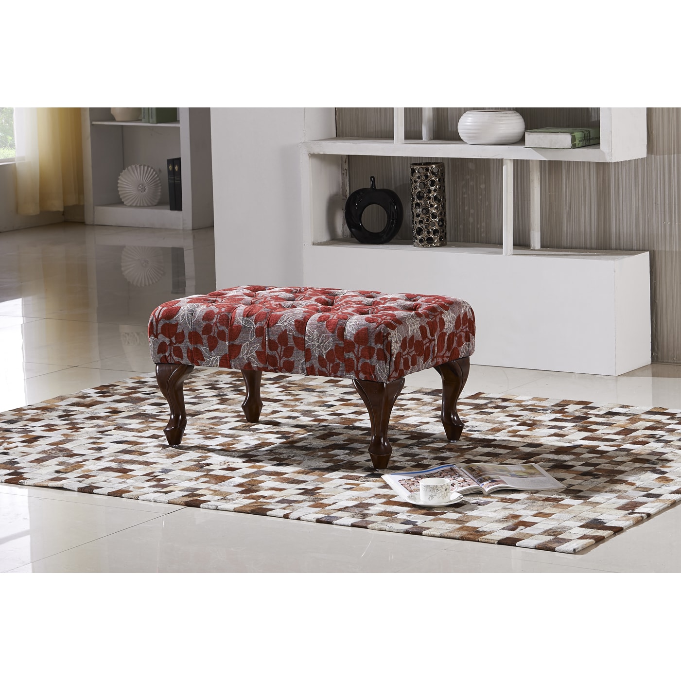 Elegant Red Floral Button Tufted Bench Ottoman With Carved Legs