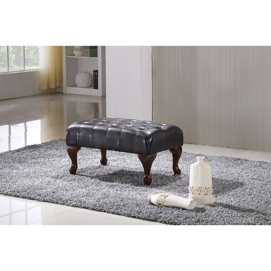 Classic Brown Faux Leather Ottoman Bench with Carved Legs