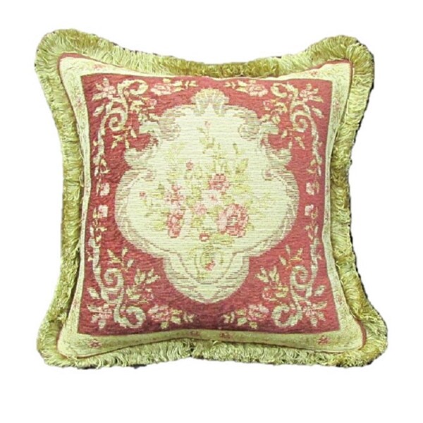 French Woven Rose/ Green Floral Design Wool and Cotton ...