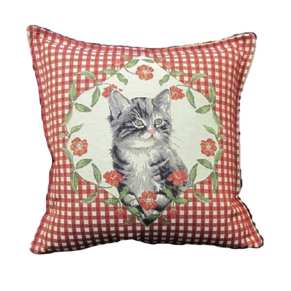 Corona Decor French Woven Cat Design Red Decorative Throw Pillow