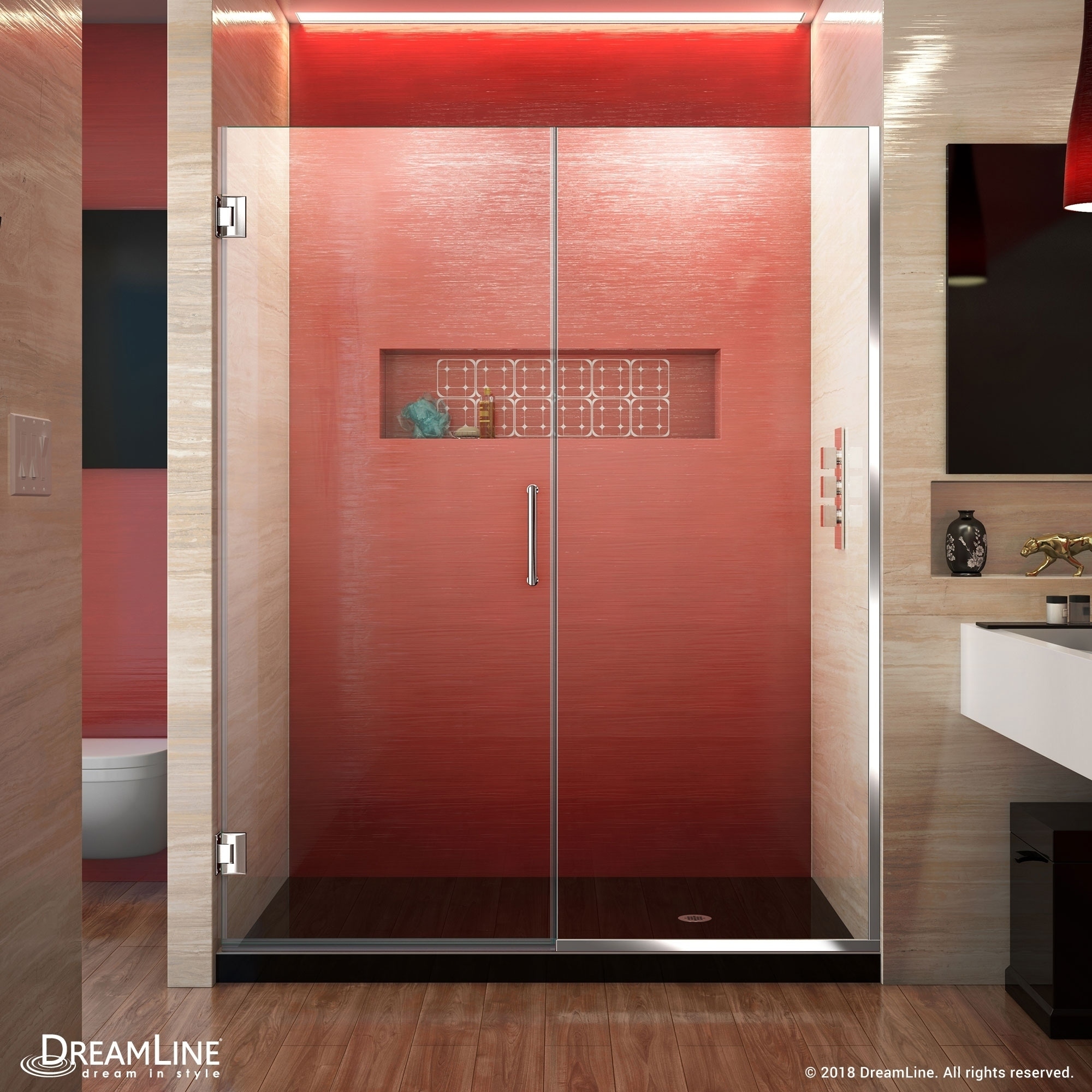 Dreamline Unidoor Plus 72 In. H X 56   57 In. W Frameless Hinged Shower Door, Clear Glass