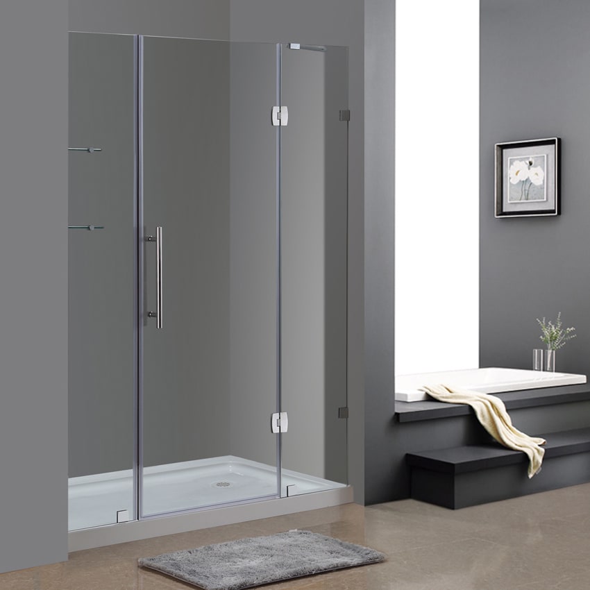 Aston 60 Frameless Chrome Hinged Shower Door With Glass Shelves And Right Shower Base