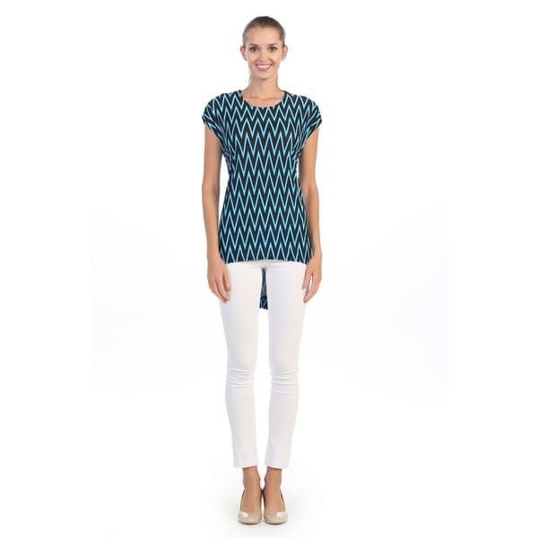 Women's Black and Blue Zig zag Hi low Top Short Sleeve Shirts