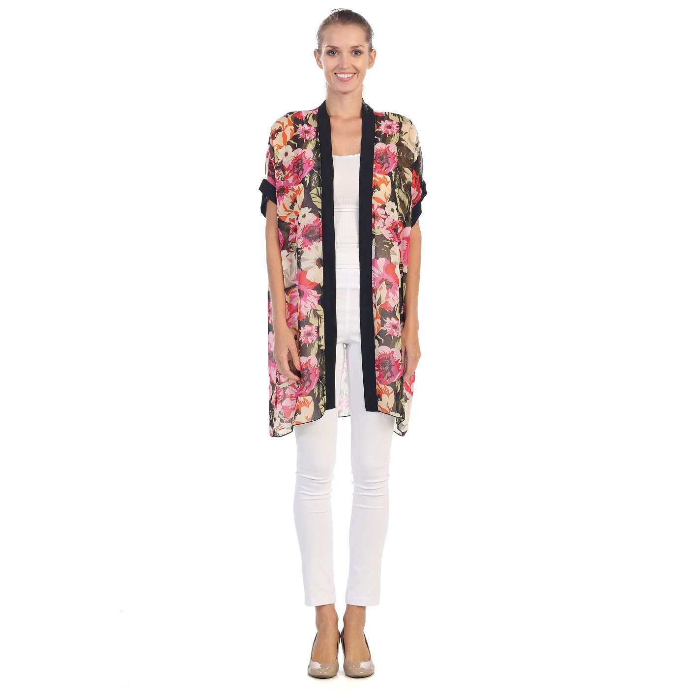 Hadari Womens Floral Print Sheer Open Cardigan