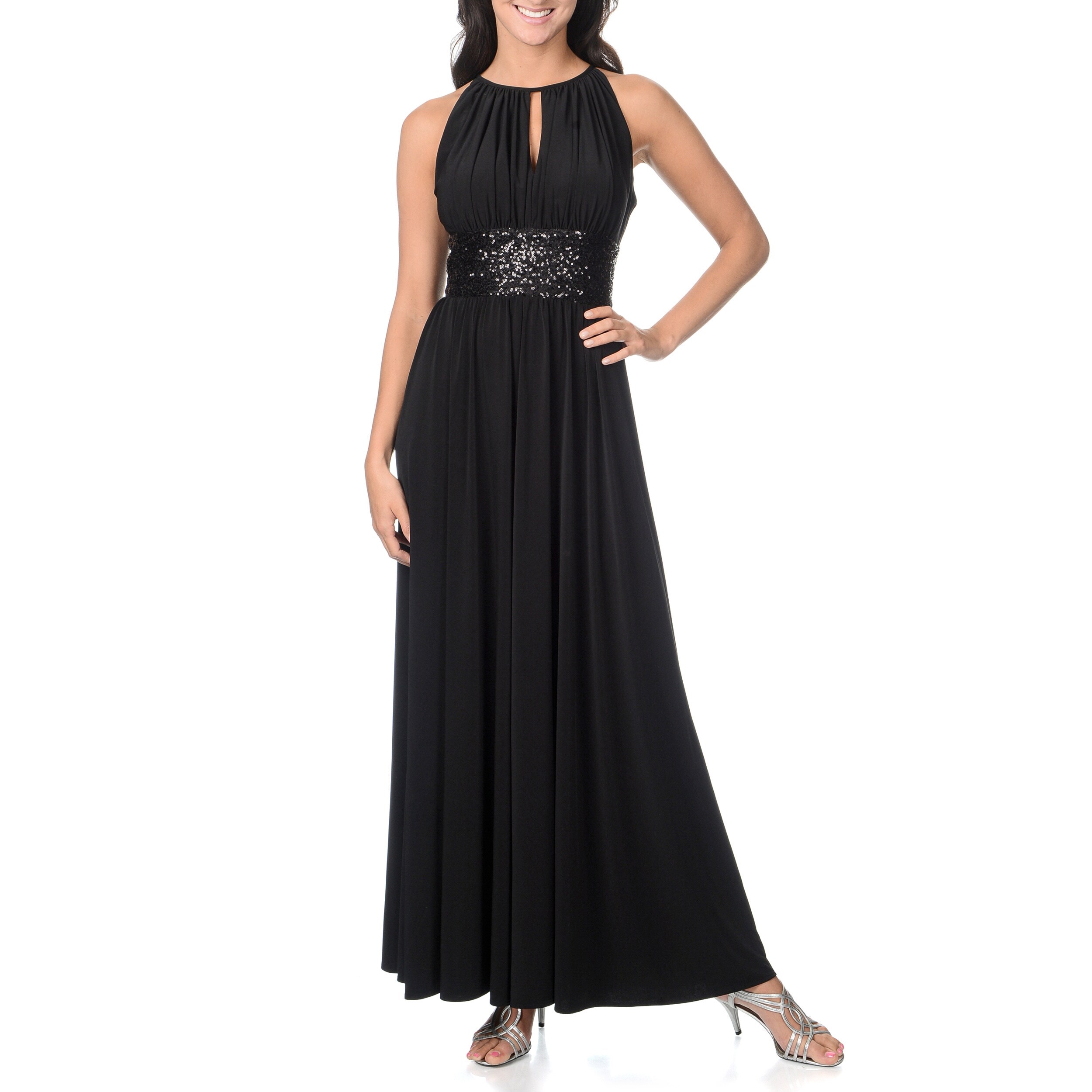 R & M Richards Women's Gown with Sequin Waist and Keyhole Neckline ...